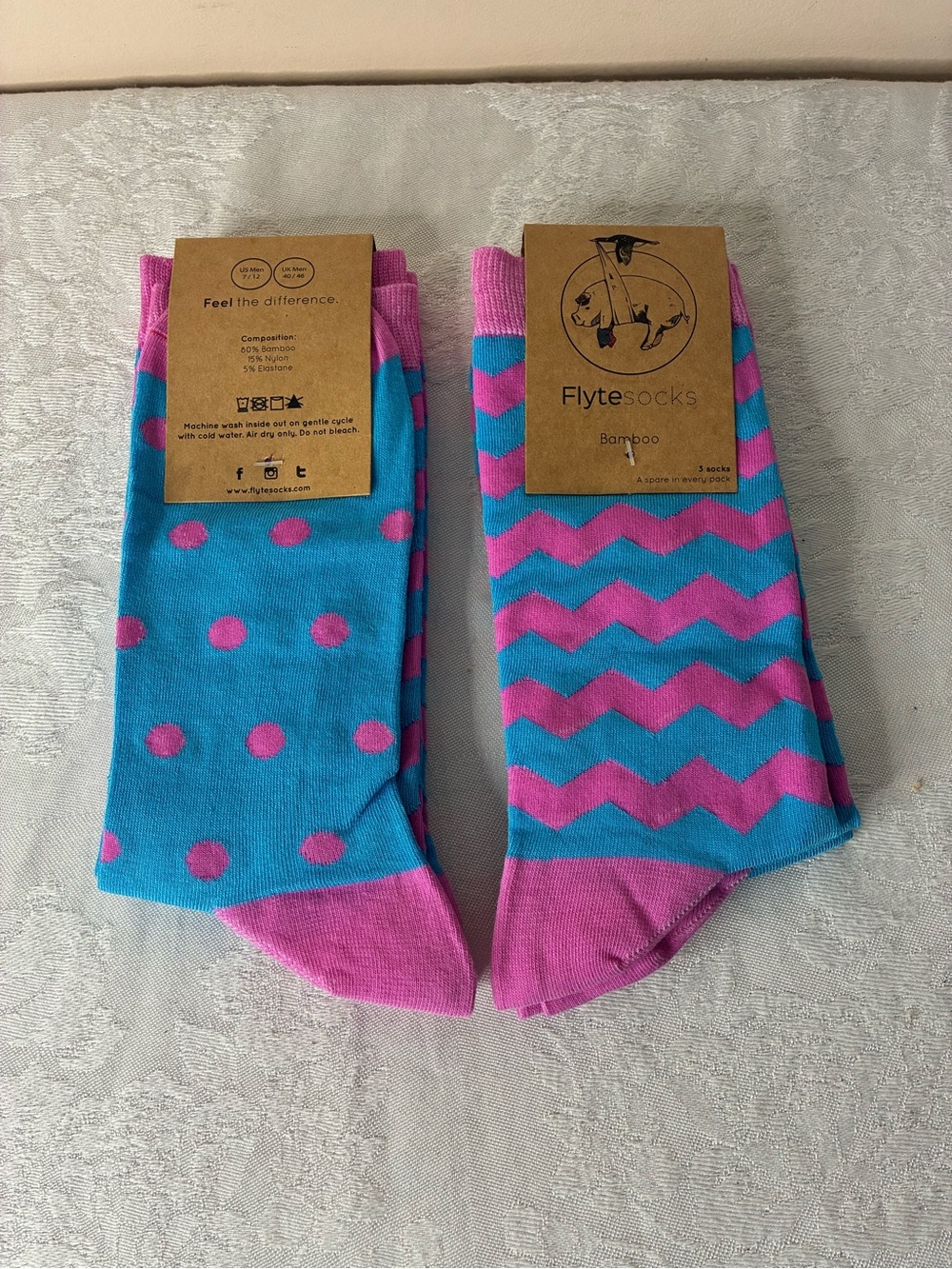 Men’s Bamboo Crew Socks - Blue & Pink Patterned 2-Pack
